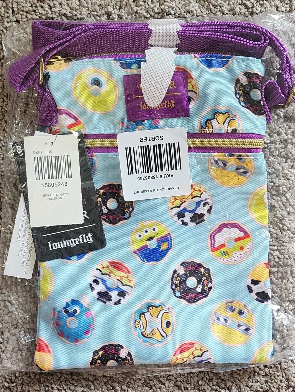 New Loungefly Disney Pixar Characters Donut Passport Crossbody Bag
